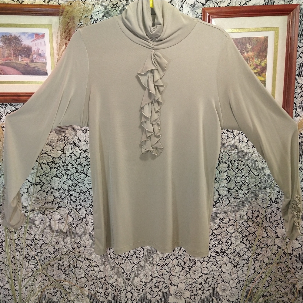 Susan Graver tan liquid knit long sleeve turtleneck shirt with ruffle on front